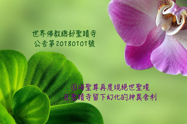 世界佛教總部聖蹟寺公告第20180101號 因海聖尊再度現絕世聖境，在聖蹟寺留下幻化的神異舍利