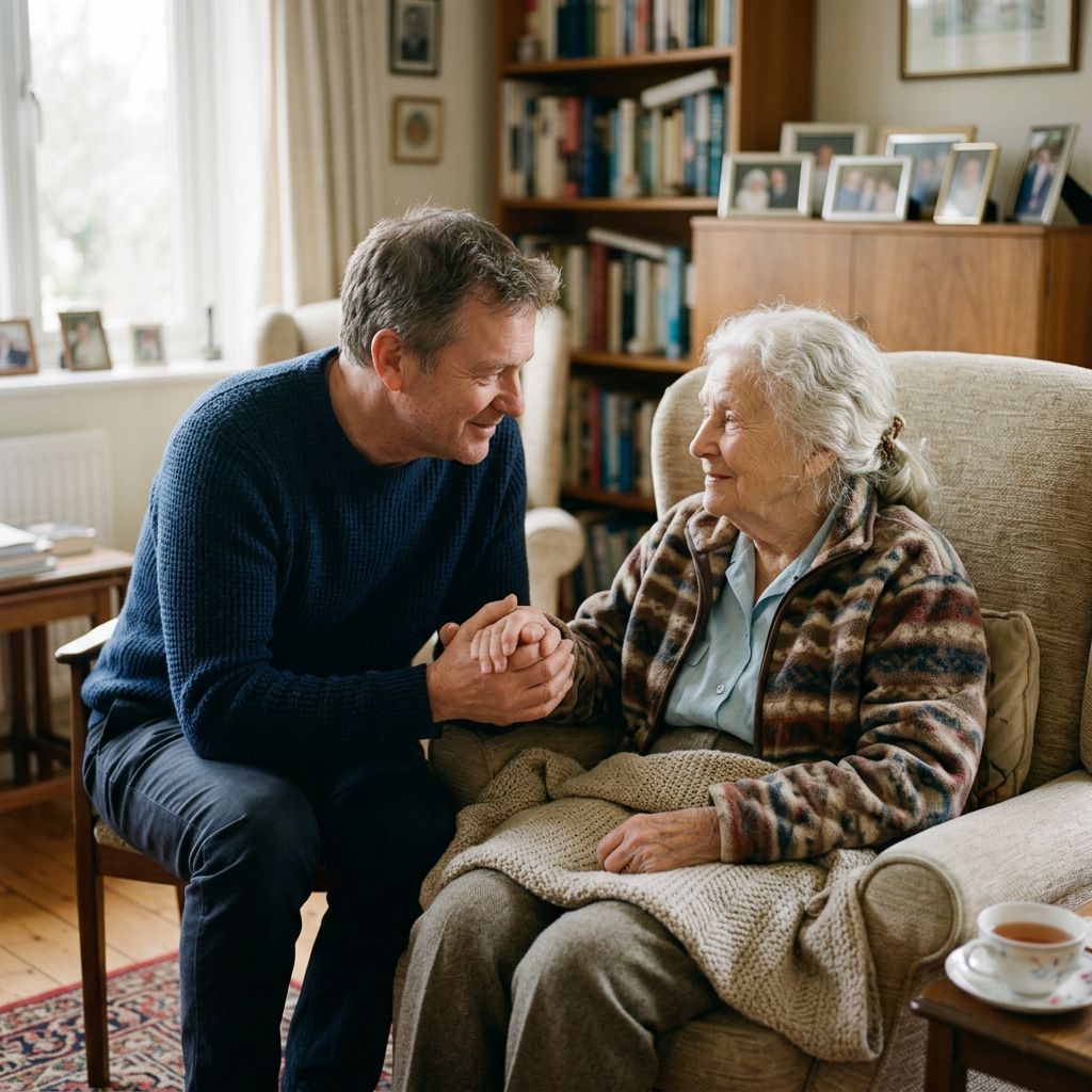 Middle-aged man holding hands with elderly woman sitting in armchair